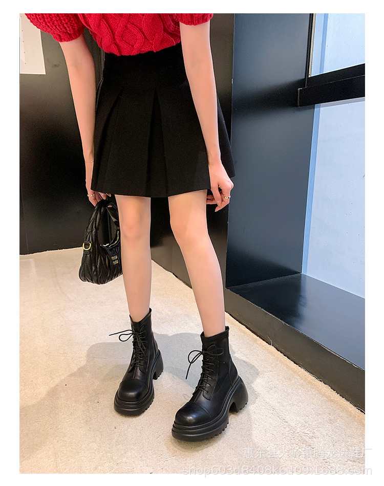 Women's Leather Ankle Boots, Round Toe Chunky Heel Lace-Up Martin Boots for Fall Winter