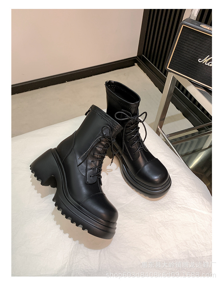 Women's Leather Ankle Boots, Round Toe Chunky Heel Lace-Up Martin Boots for Fall Winter