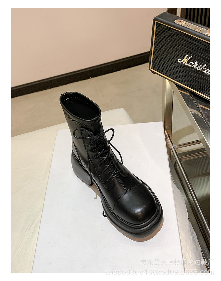 Women's Leather Ankle Boots, Round Toe Chunky Heel Lace-Up Martin Boots for Fall Winter