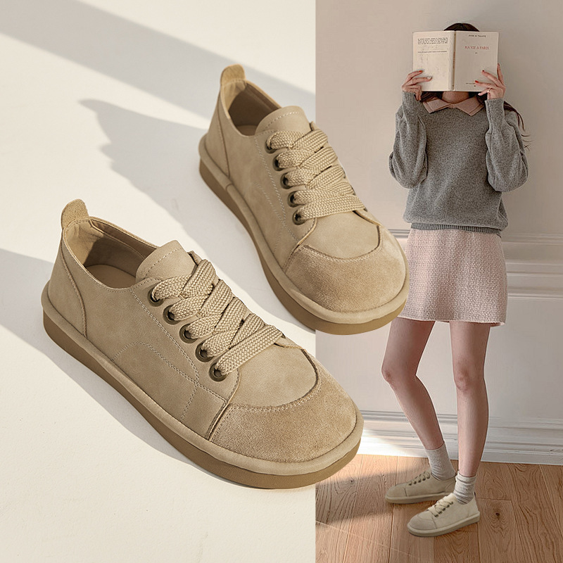 Women's Genuine Leather Platform Slip-On Shoes, Round Toe Low Top Casual Flats for Spring and Fall