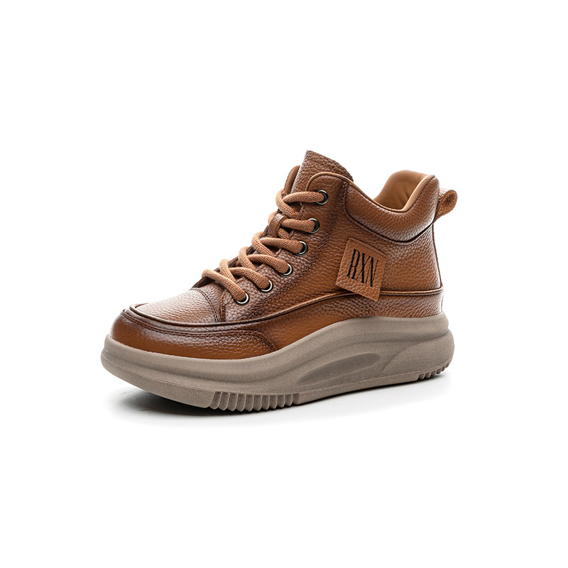 Women's Cowhide Leather High-Top Sneakers, Fleece-Lined Winter Ankle Boots, Retro Lace-Up Casual Shoes