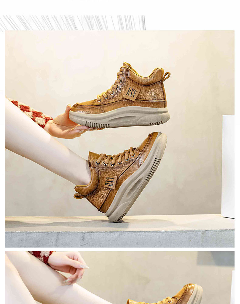 Women's Cowhide Leather High-Top Sneakers, Fleece-Lined Winter Ankle Boots, Retro Lace-Up Casual Shoes
