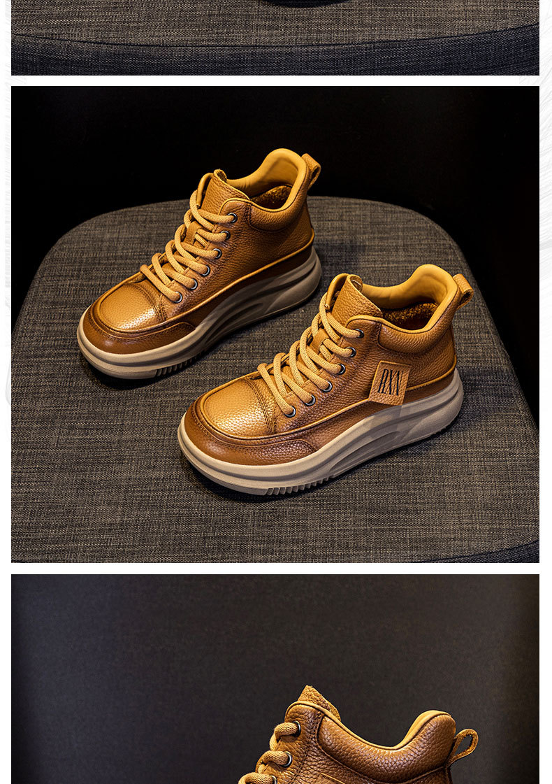 Women's Cowhide Leather High-Top Sneakers, Fleece-Lined Winter Ankle Boots, Retro Lace-Up Casual Shoes