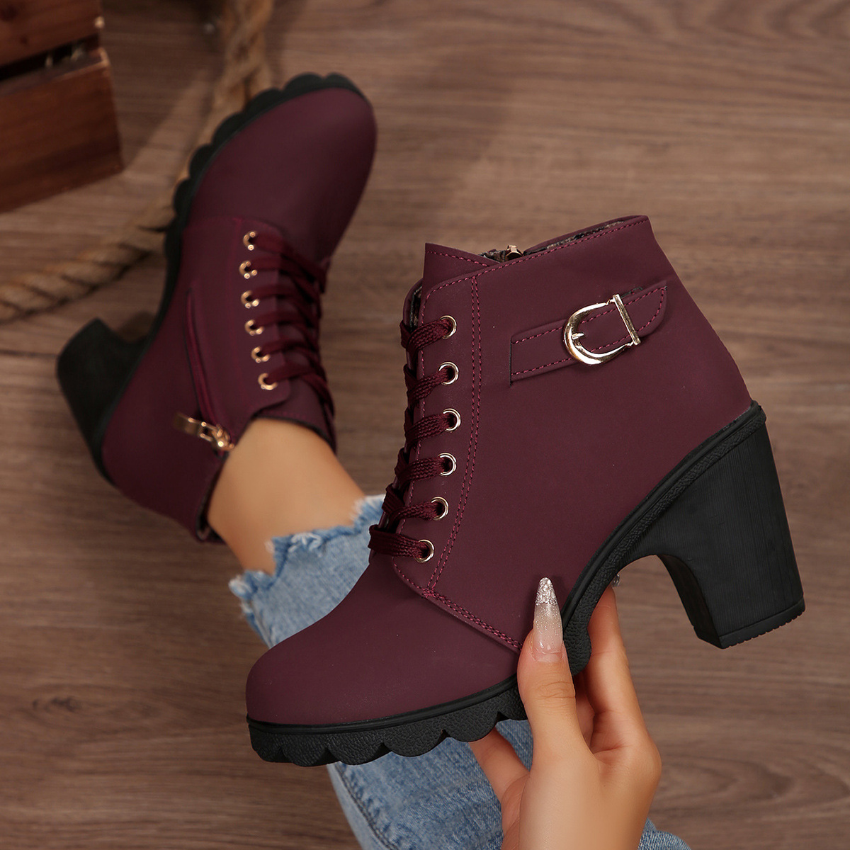 Women High Heel Ankle Boots with Side Zipper and Buckle, Chunky Heel PU Short Boots