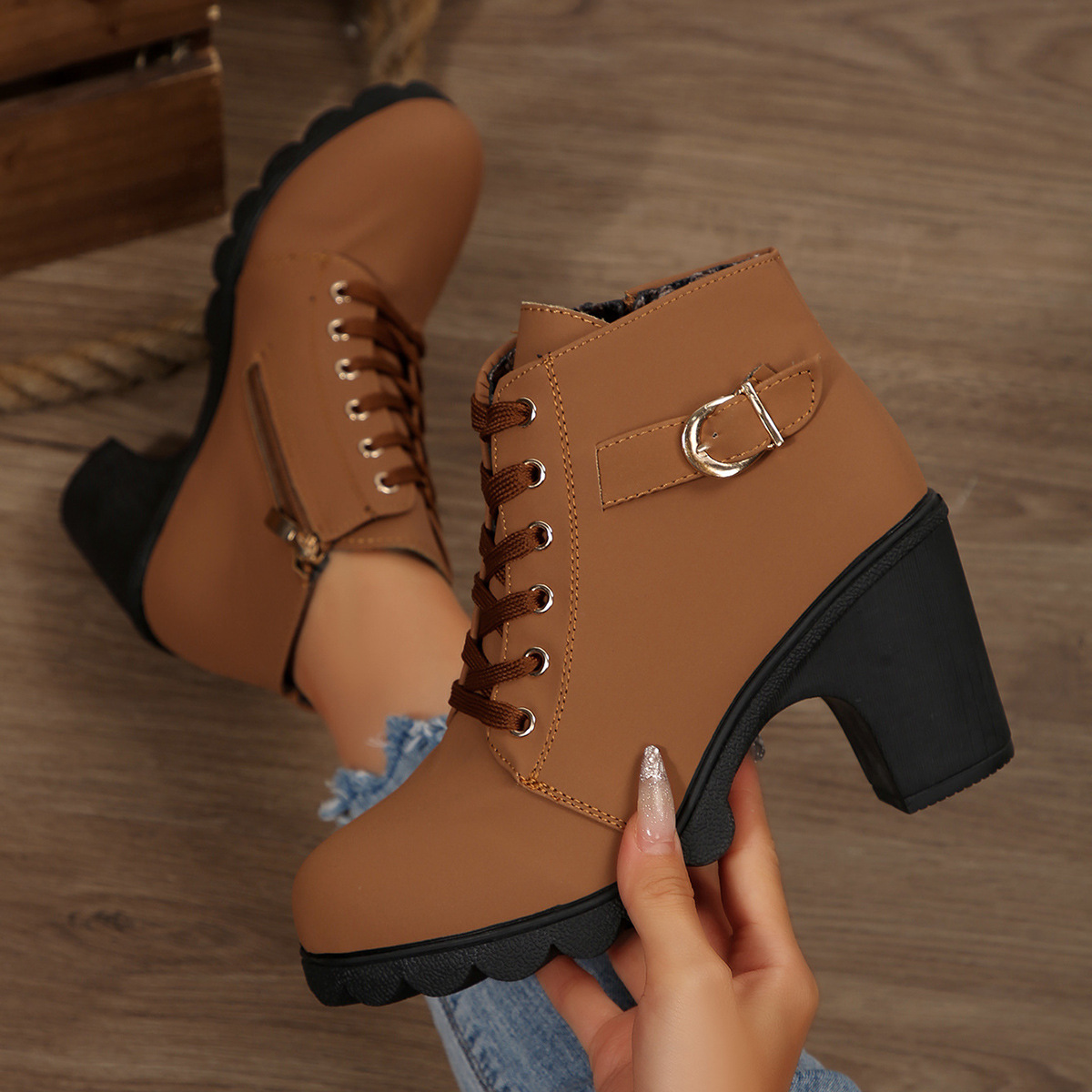 Women High Heel Ankle Boots with Side Zipper and Buckle, Chunky Heel PU Short Boots