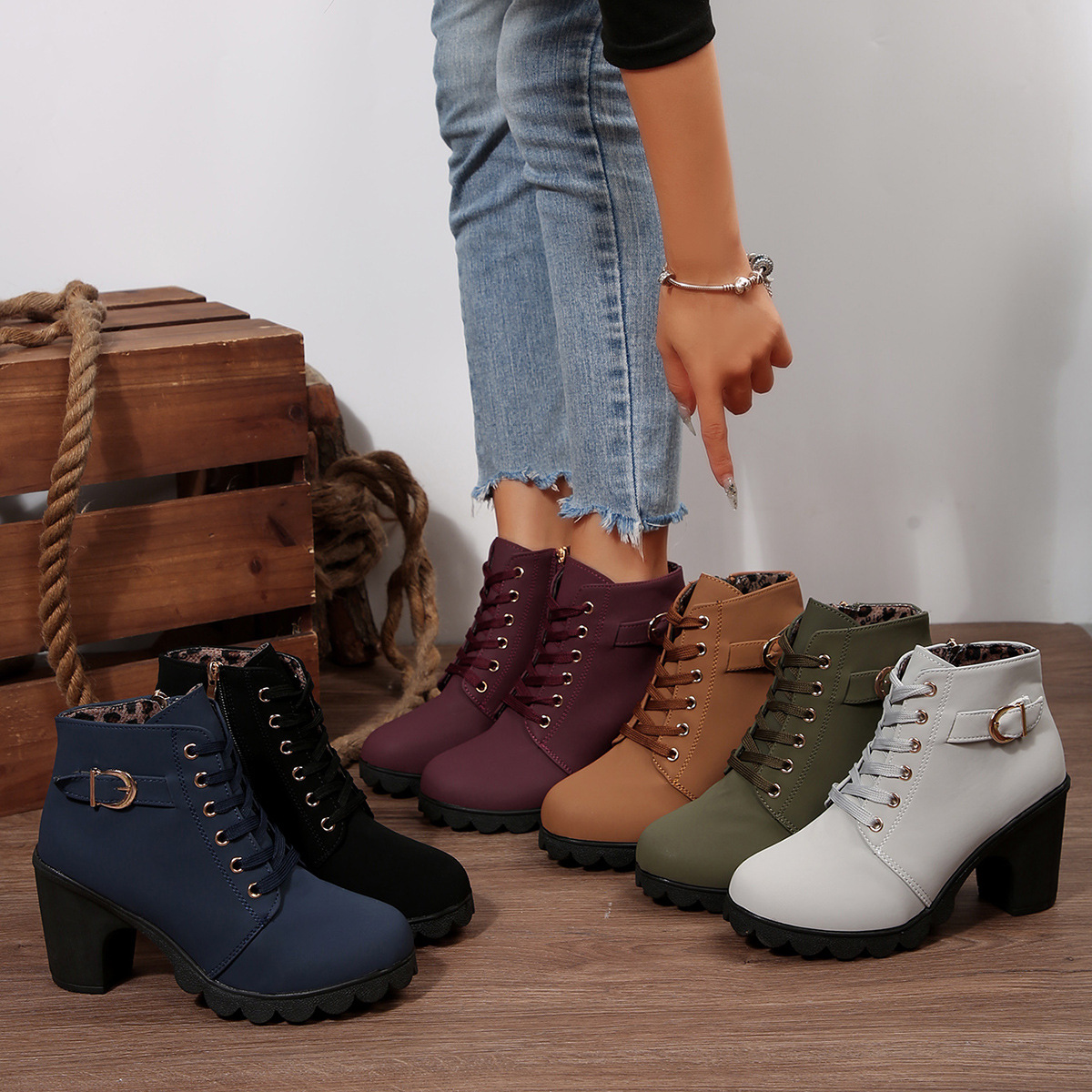Women High Heel Ankle Boots with Side Zipper and Buckle, Chunky Heel PU Short Boots