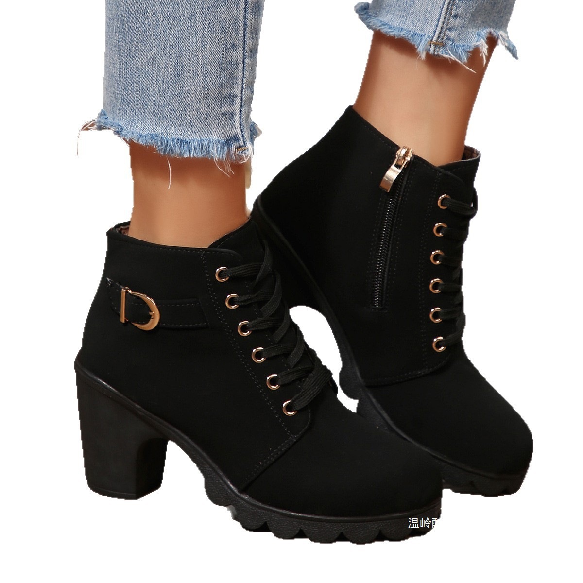 Women High Heel Ankle Boots with Side Zipper and Buckle, Chunky Heel PU Short Boots