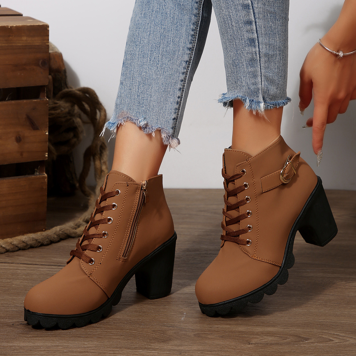 Women High Heel Ankle Boots with Side Zipper and Buckle, Chunky Heel PU Short Boots