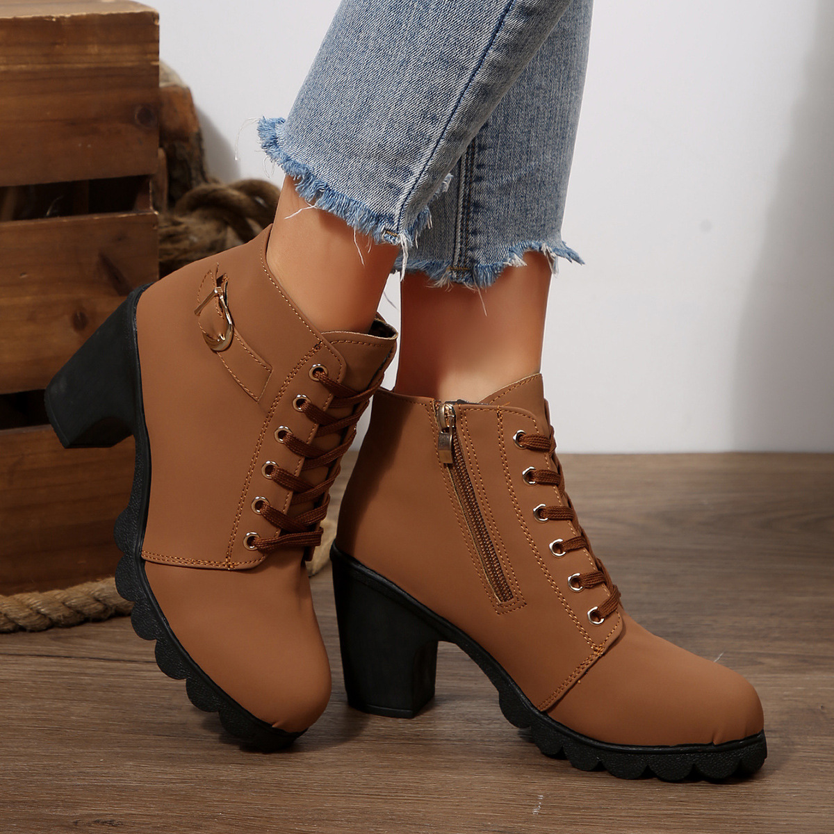 Women High Heel Ankle Boots with Side Zipper and Buckle, Chunky Heel PU Short Boots