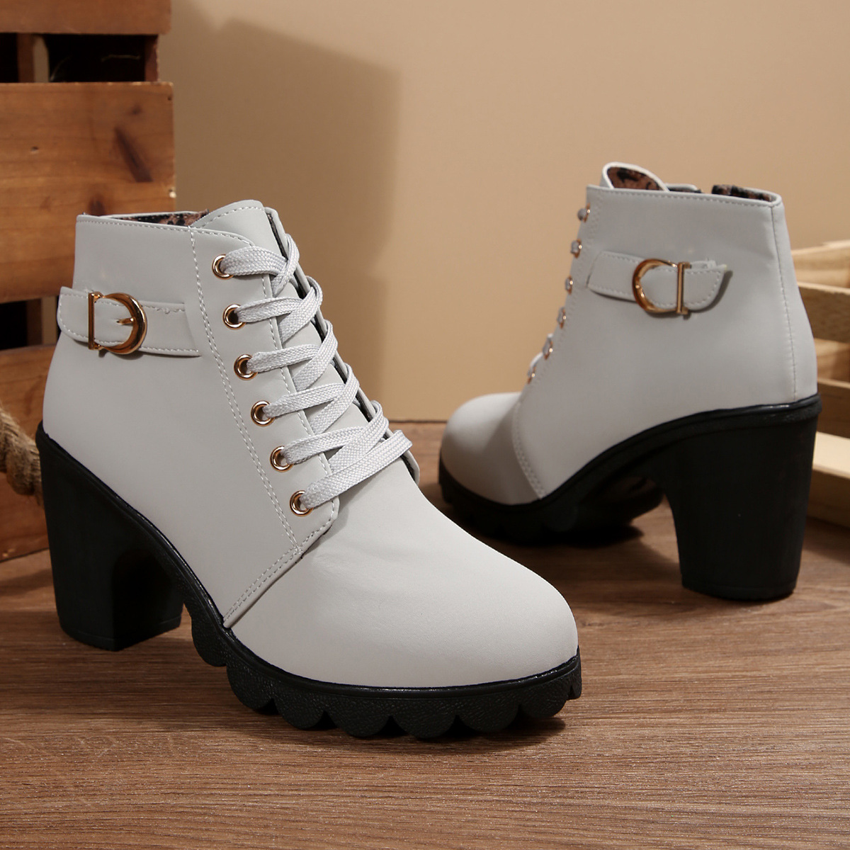 Women High Heel Ankle Boots with Side Zipper and Buckle, Chunky Heel PU Short Boots