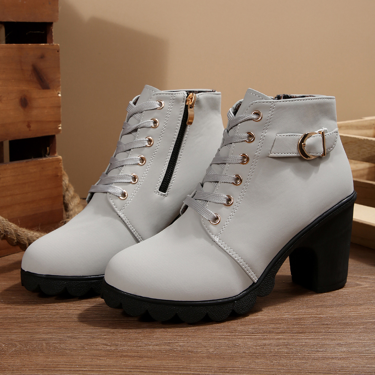 Women High Heel Ankle Boots with Side Zipper and Buckle, Chunky Heel PU Short Boots