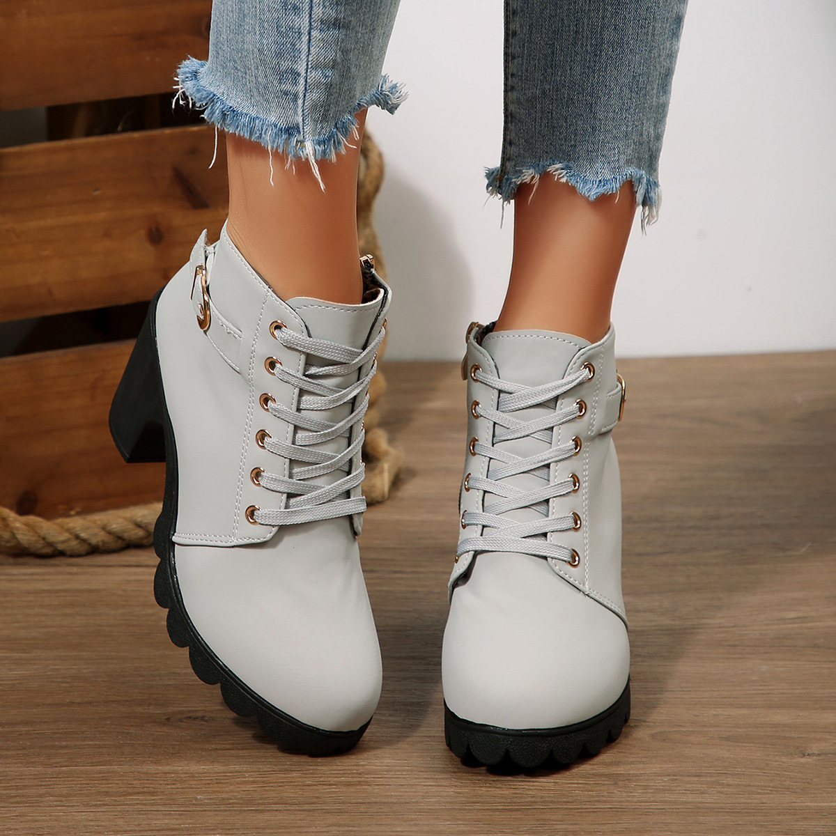 Women High Heel Ankle Boots with Side Zipper and Buckle, Chunky Heel PU Short Boots
