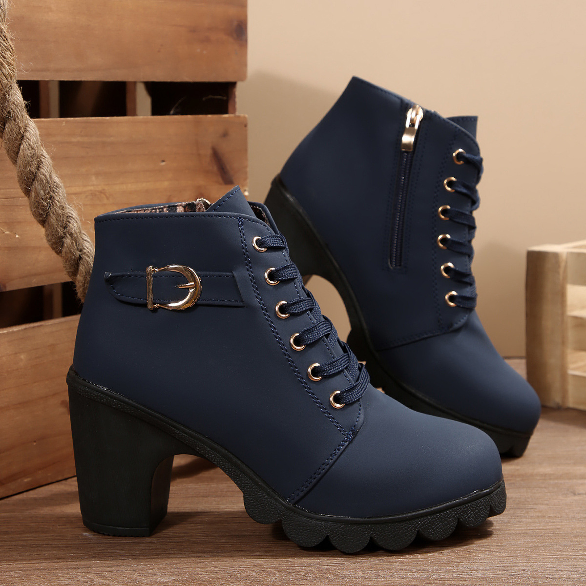 Women High Heel Ankle Boots with Side Zipper and Buckle, Chunky Heel PU Short Boots