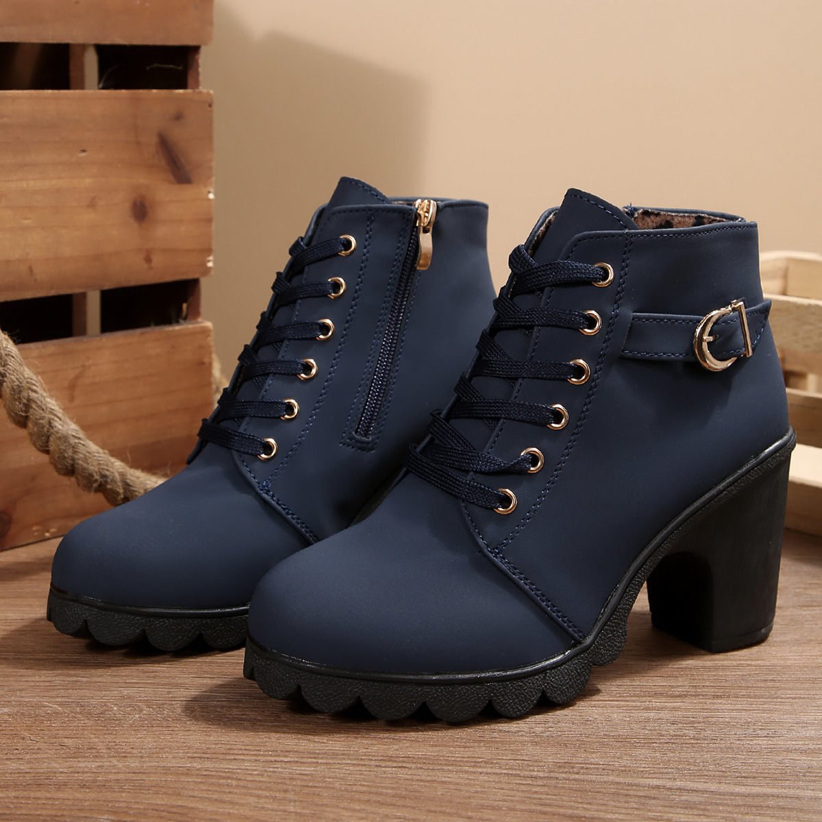 Women High Heel Ankle Boots with Side Zipper and Buckle, Chunky Heel PU Short Boots