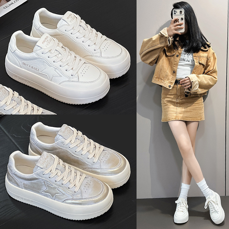Women's Genuine Leather White Sneakers, Soft Low Top Casual Skate Shoes with Thick Sole