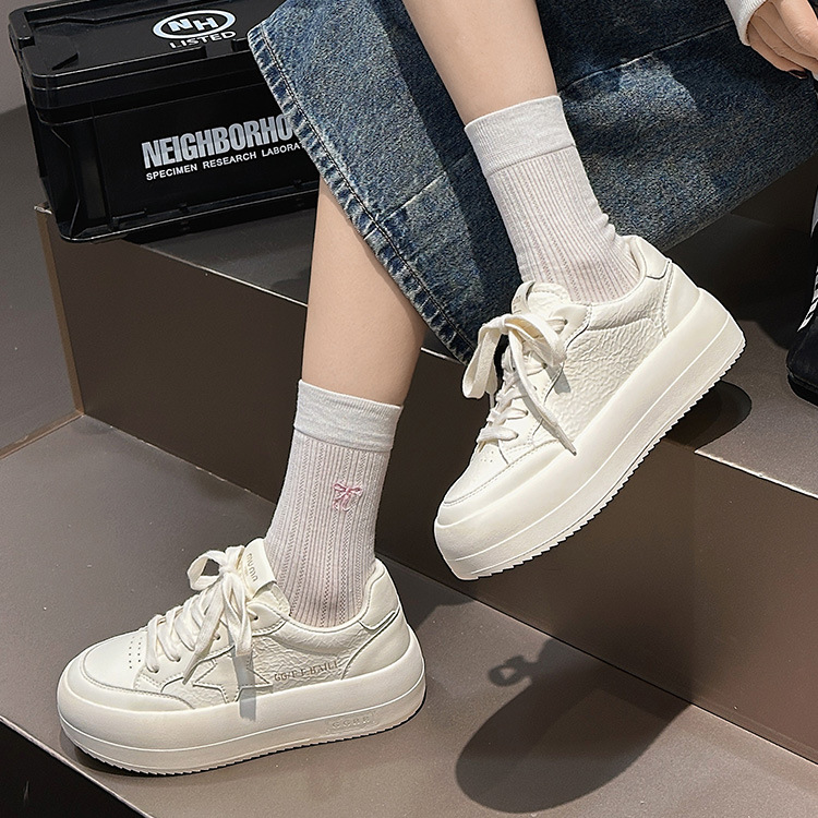 Women's Genuine Leather White Sneakers, Soft Low Top Casual Skate Shoes with Thick Sole