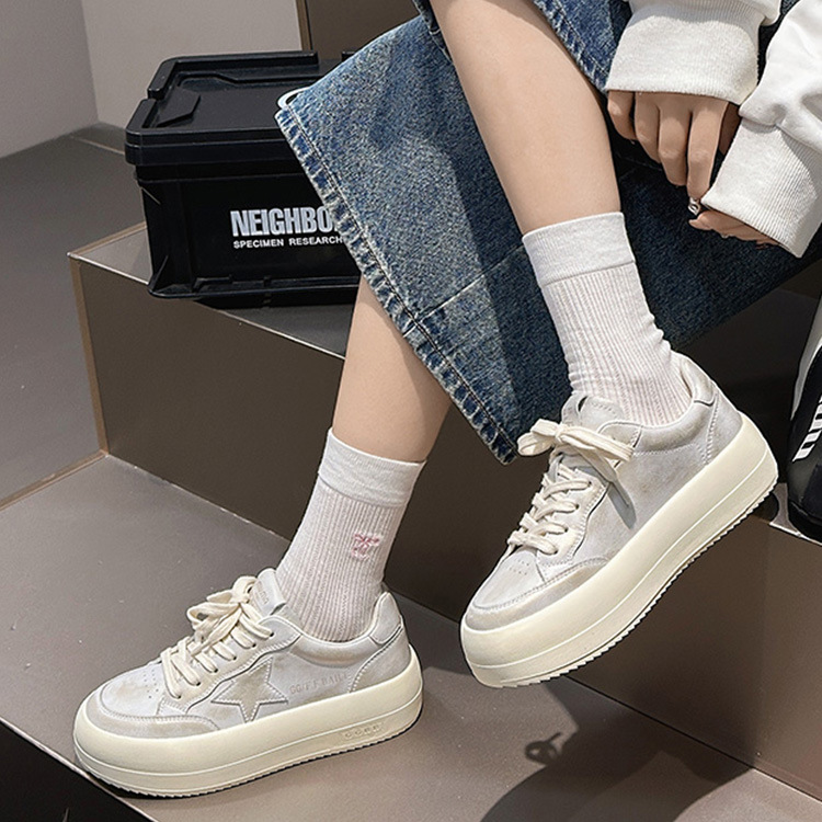 Women's Genuine Leather White Sneakers, Soft Low Top Casual Skate Shoes with Thick Sole