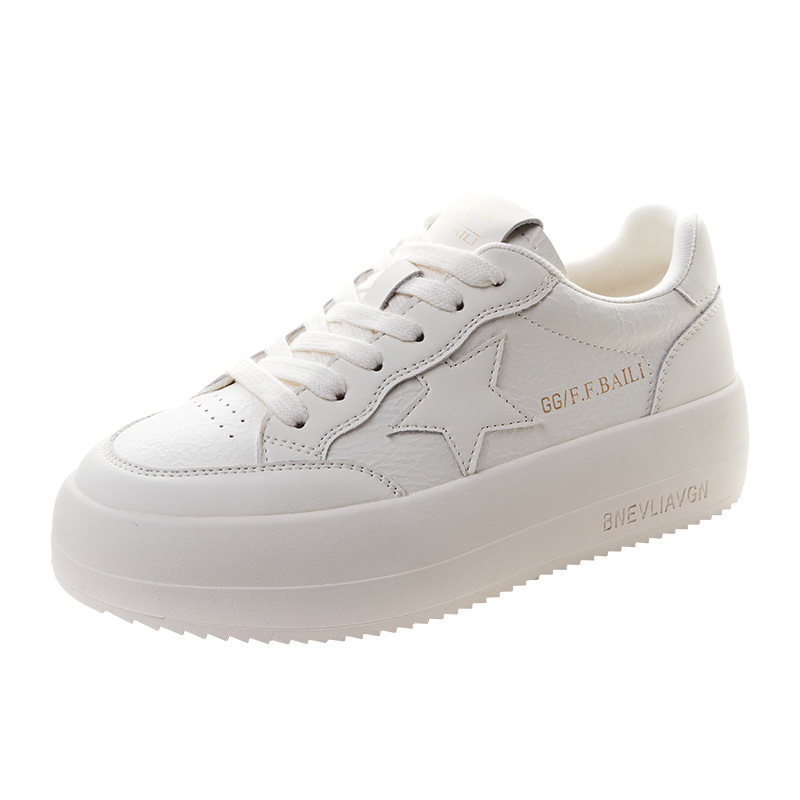 Women's Genuine Leather White Sneakers, Soft Low Top Casual Skate Shoes with Thick Sole