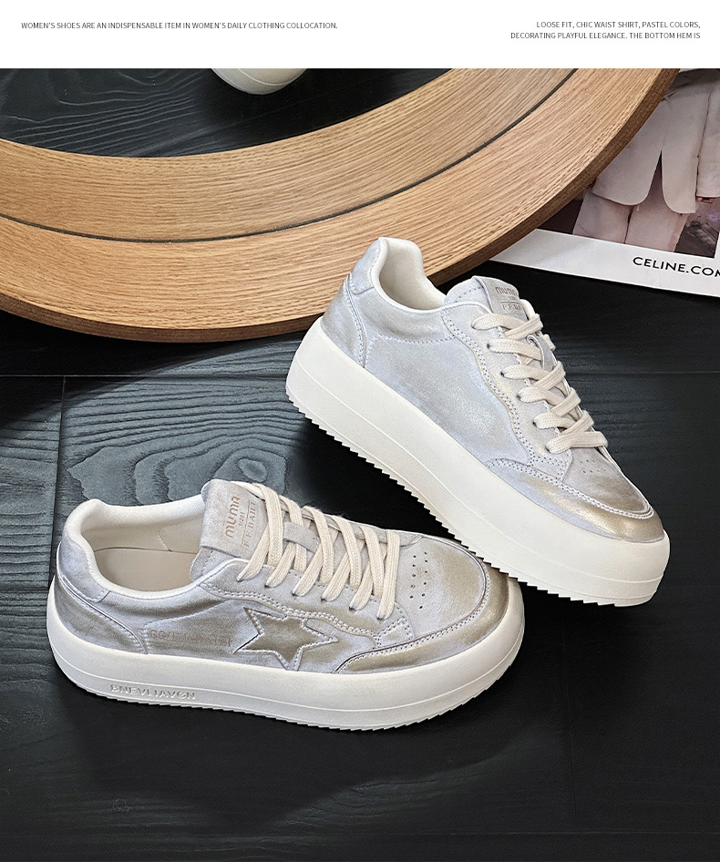 Women's Genuine Leather White Sneakers, Soft Low Top Casual Skate Shoes with Thick Sole