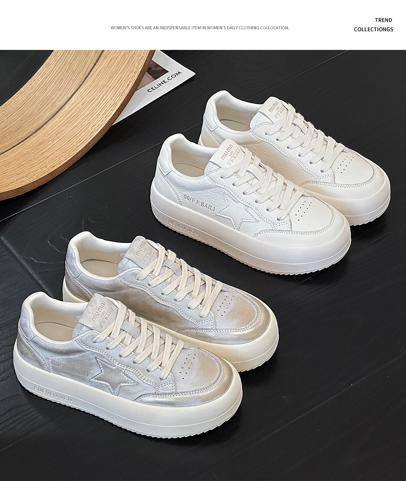 Women's Genuine Leather White Sneakers, Soft Low Top Casual Skate Shoes with Thick Sole