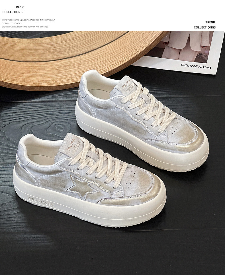 Women's Genuine Leather White Sneakers, Soft Low Top Casual Skate Shoes with Thick Sole