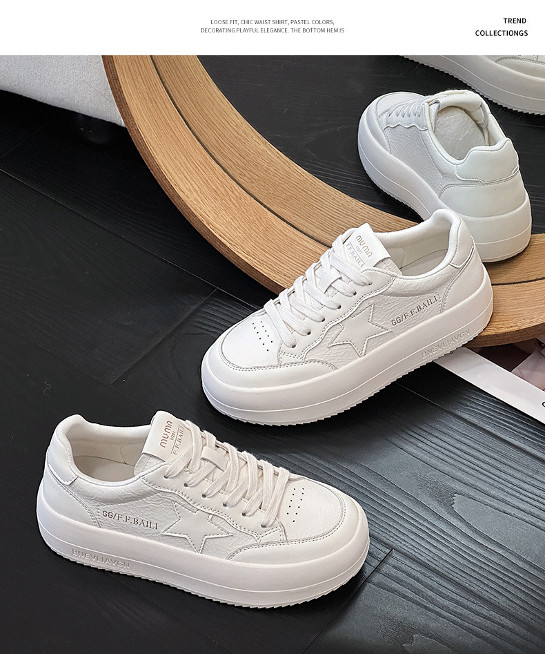 Women's Genuine Leather White Sneakers, Soft Low Top Casual Skate Shoes with Thick Sole