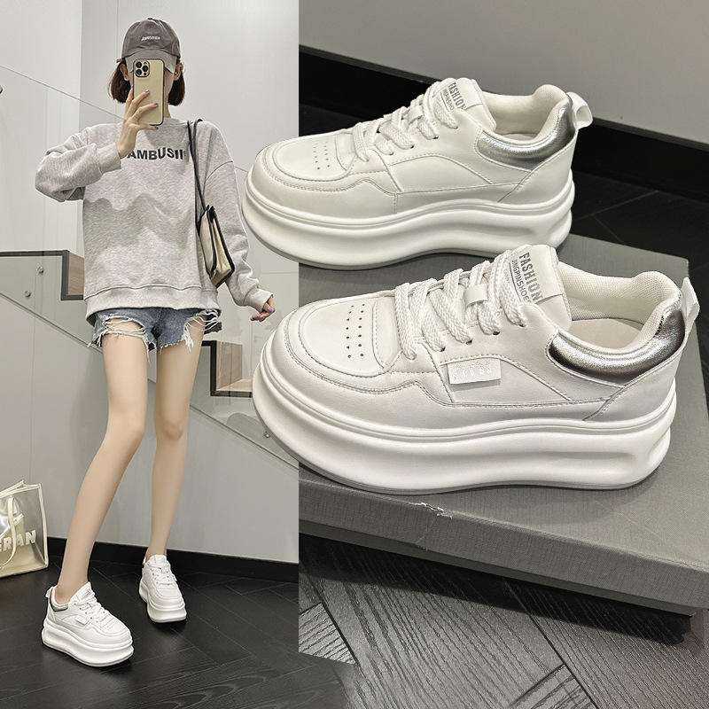 Women's Leather Casual Sneakers with Hidden Heel, Round Toe Lace-Up Low Top Shoes