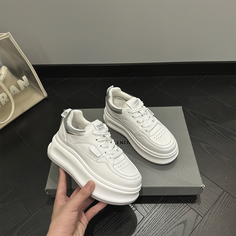 Women's Leather Casual Sneakers with Hidden Heel, Round Toe Lace-Up Low Top Shoes
