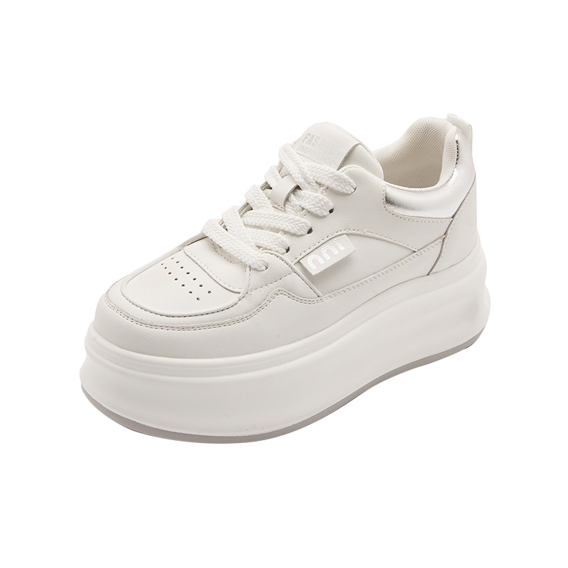 Women's Leather Casual Sneakers with Hidden Heel, Round Toe Lace-Up Low Top Shoes