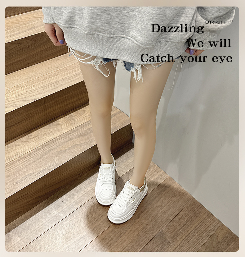 Women's Leather Casual Sneakers with Hidden Heel, Round Toe Lace-Up Low Top Shoes