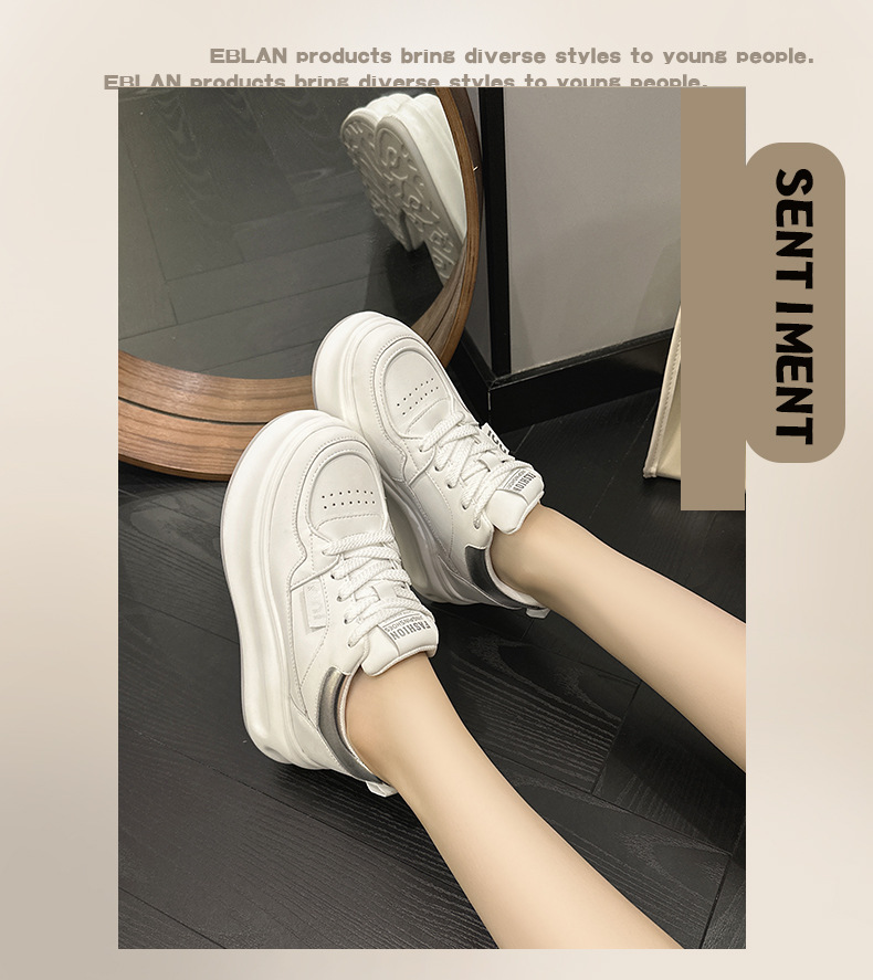 Women's Leather Casual Sneakers with Hidden Heel, Round Toe Lace-Up Low Top Shoes
