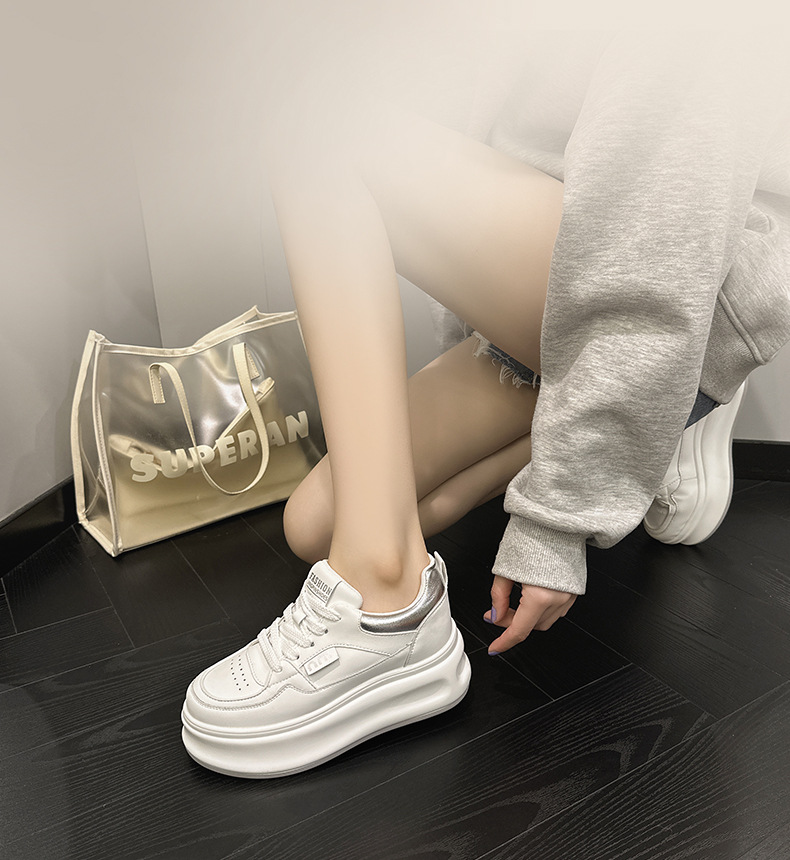 Women's Leather Casual Sneakers with Hidden Heel, Round Toe Lace-Up Low Top Shoes