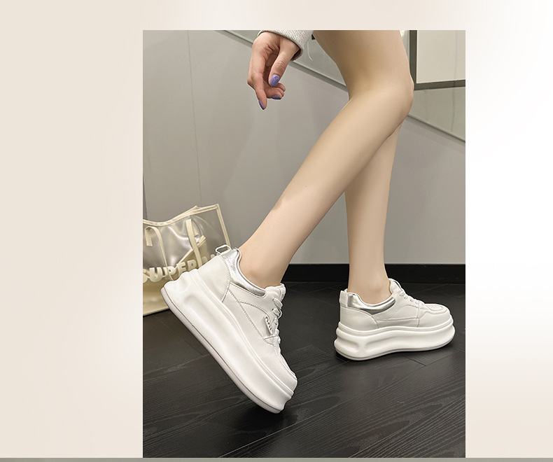 Women's Leather Casual Sneakers with Hidden Heel, Round Toe Lace-Up Low Top Shoes