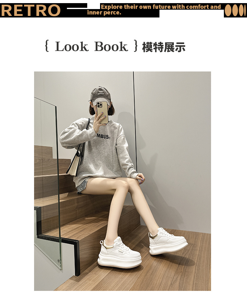 Women's Leather Casual Sneakers with Hidden Heel, Round Toe Lace-Up Low Top Shoes