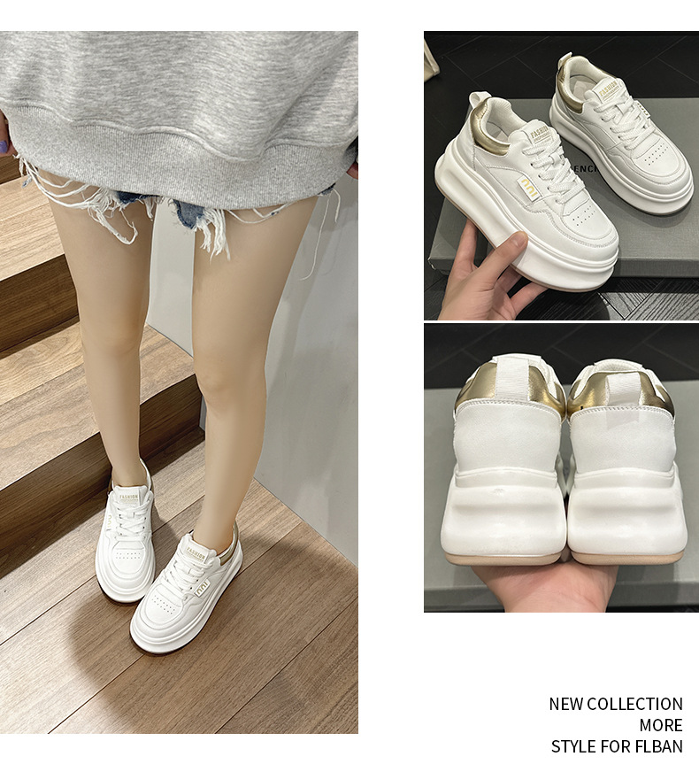 Women's Leather Casual Sneakers with Hidden Heel, Round Toe Lace-Up Low Top Shoes
