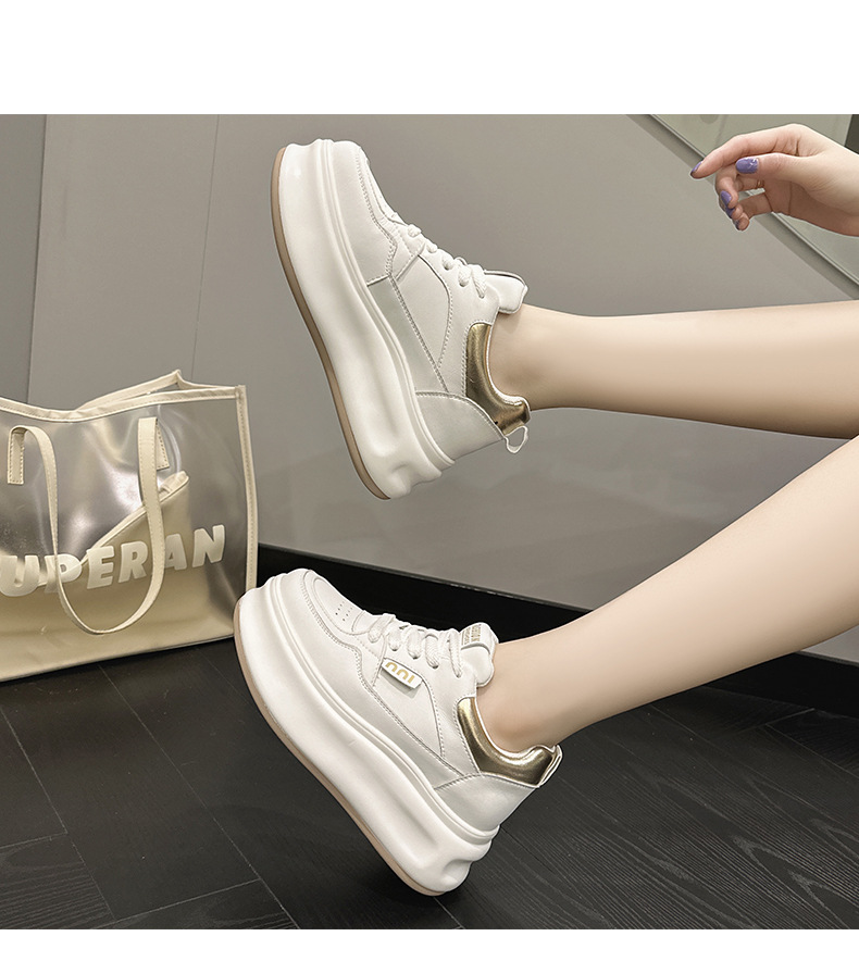 Women's Leather Casual Sneakers with Hidden Heel, Round Toe Lace-Up Low Top Shoes