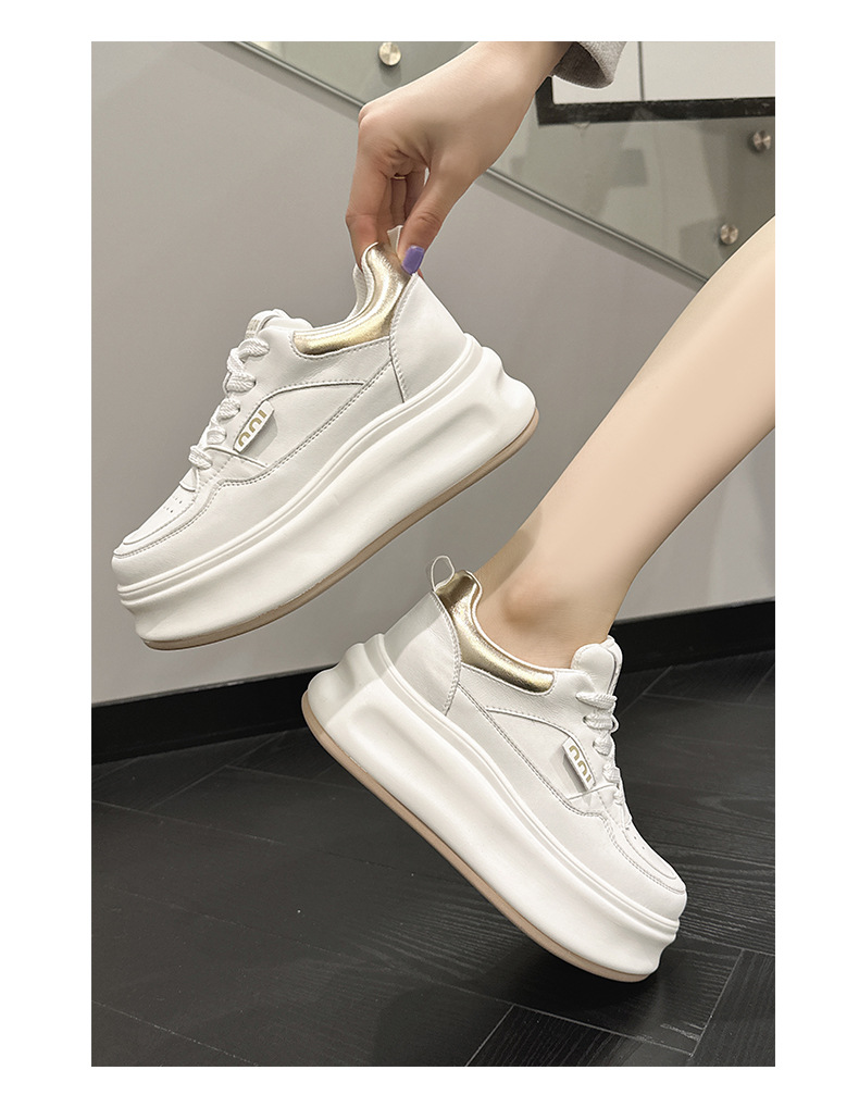 Women's Leather Casual Sneakers with Hidden Heel, Round Toe Lace-Up Low Top Shoes