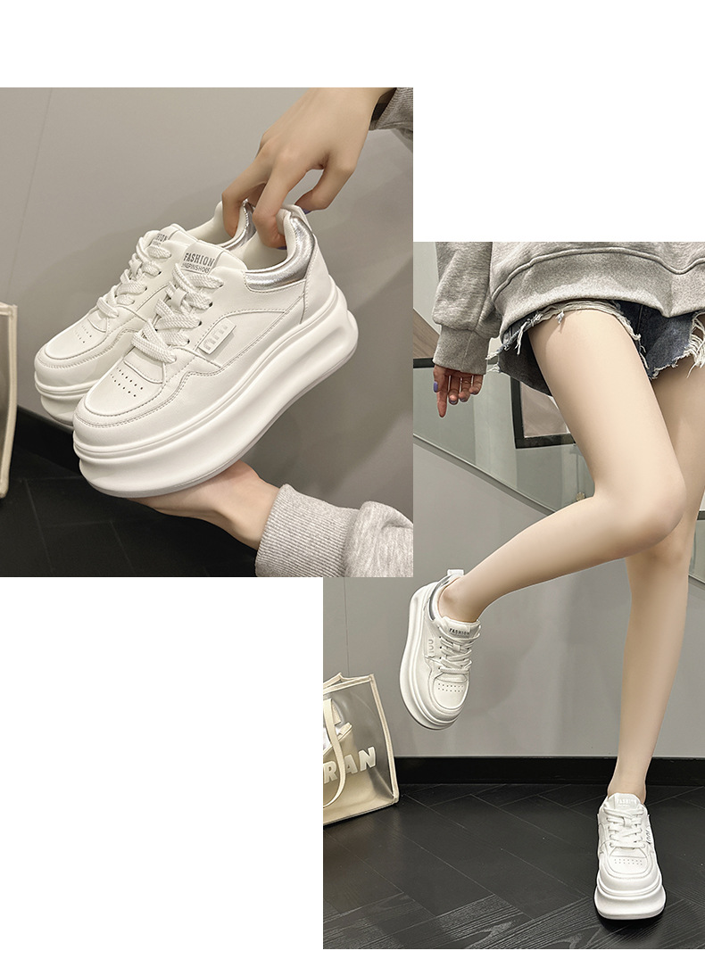Women's Leather Casual Sneakers with Hidden Heel, Round Toe Lace-Up Low Top Shoes