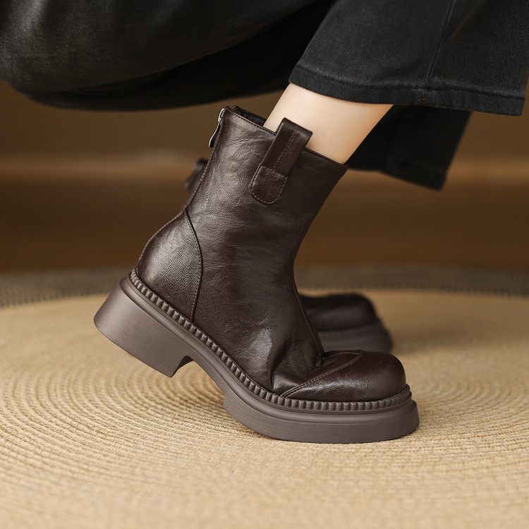 Women's Low Heel Ankle Boots with Buckle Strap, Faux Leather Chunky Heel Mid Calf Boots for Fall Winter