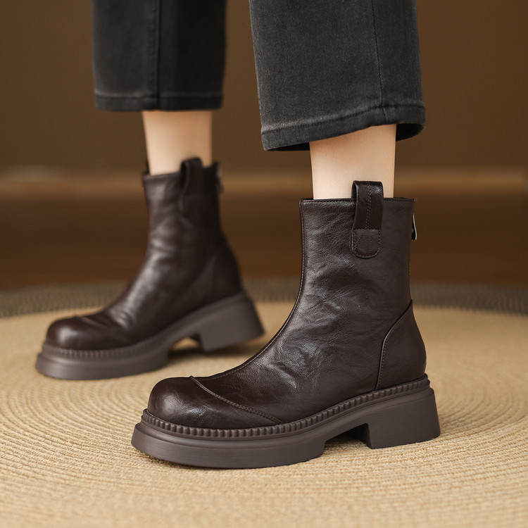 Women's Low Heel Ankle Boots with Buckle Strap, Faux Leather Chunky Heel Mid Calf Boots for Fall Winter