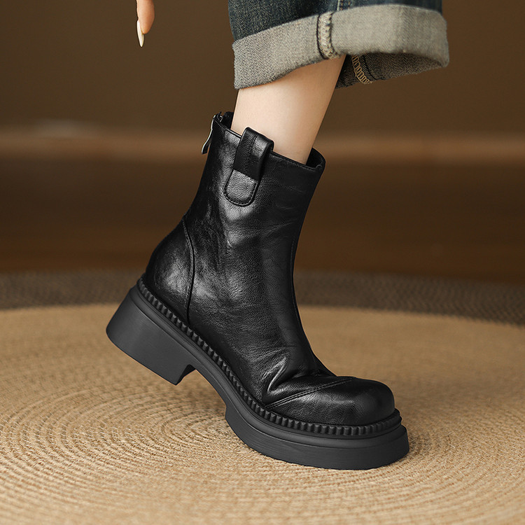 Women's Low Heel Ankle Boots with Buckle Strap, Faux Leather Chunky Heel Mid Calf Boots for Fall Winter