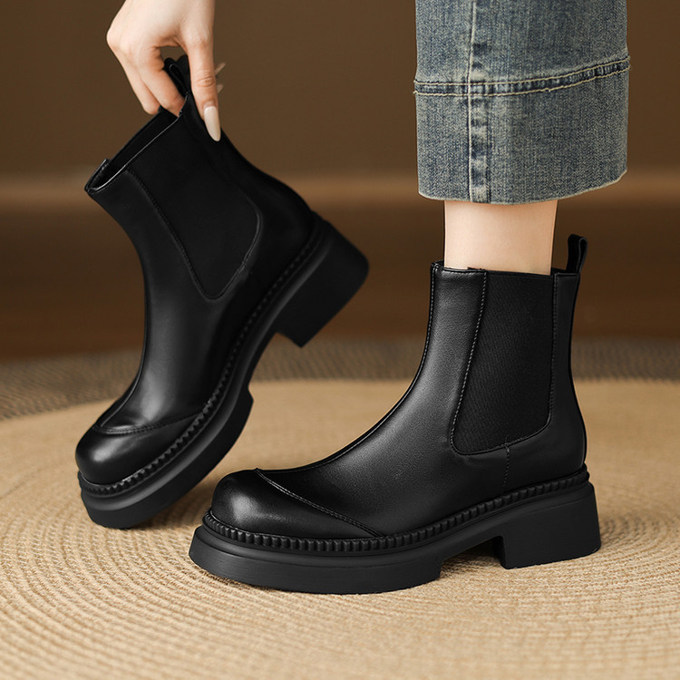 Women's Low Heel Ankle Boots with Buckle Strap, Faux Leather Chunky Heel Mid Calf Boots for Fall Winter