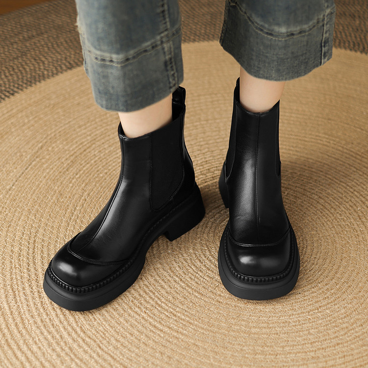 Women's Low Heel Ankle Boots with Buckle Strap, Faux Leather Chunky Heel Mid Calf Boots for Fall Winter