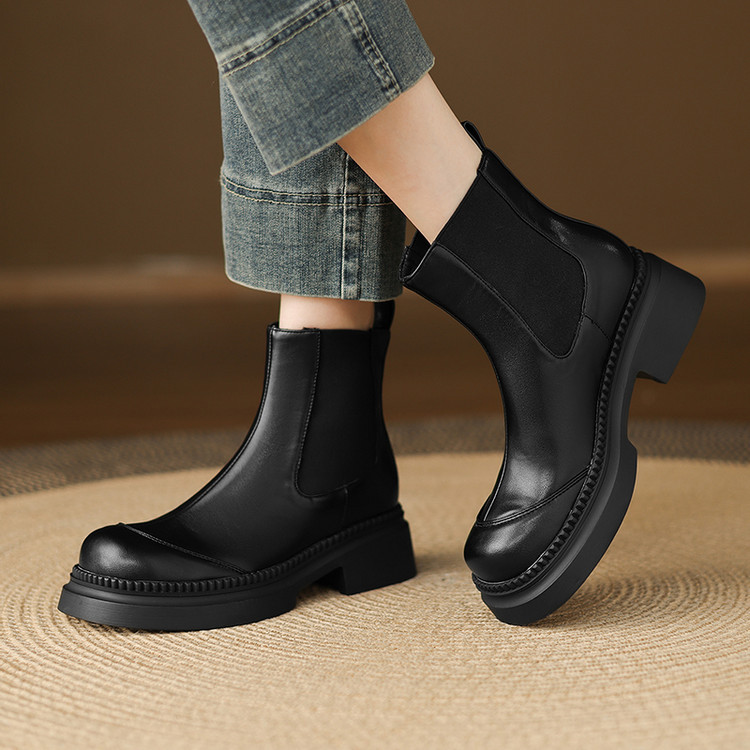 Women's Low Heel Ankle Boots with Buckle Strap, Faux Leather Chunky Heel Mid Calf Boots for Fall Winter