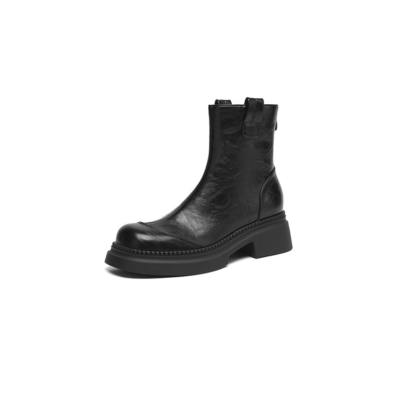 Women's Low Heel Ankle Boots with Buckle Strap, Faux Leather Chunky Heel Mid Calf Boots for Fall Winter