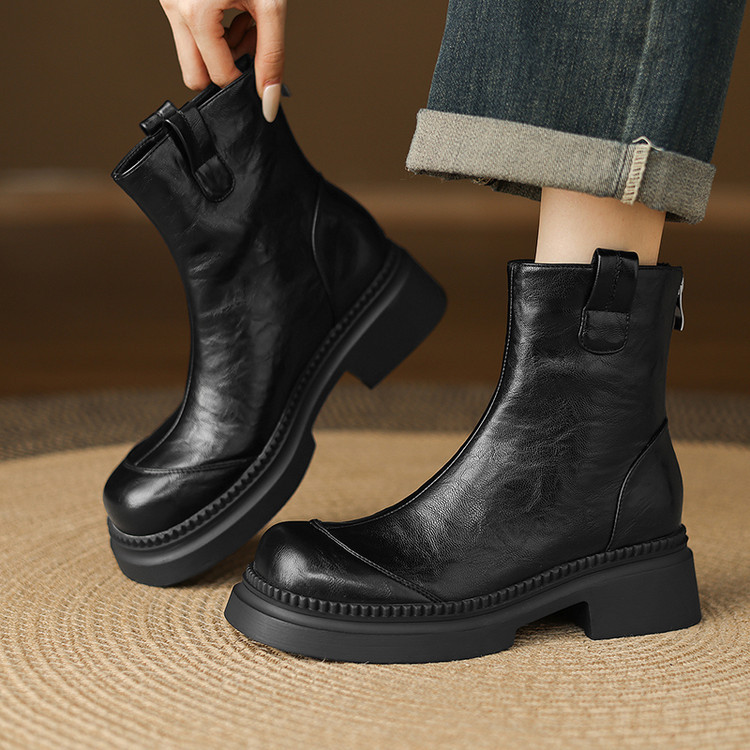Women's Low Heel Ankle Boots with Buckle Strap, Faux Leather Chunky Heel Mid Calf Boots for Fall Winter