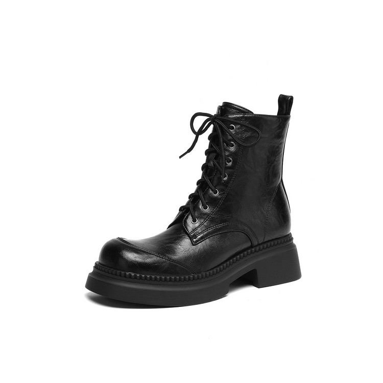 Women's Low Heel Ankle Boots with Buckle Strap, Faux Leather Chunky Heel Mid Calf Boots for Fall Winter