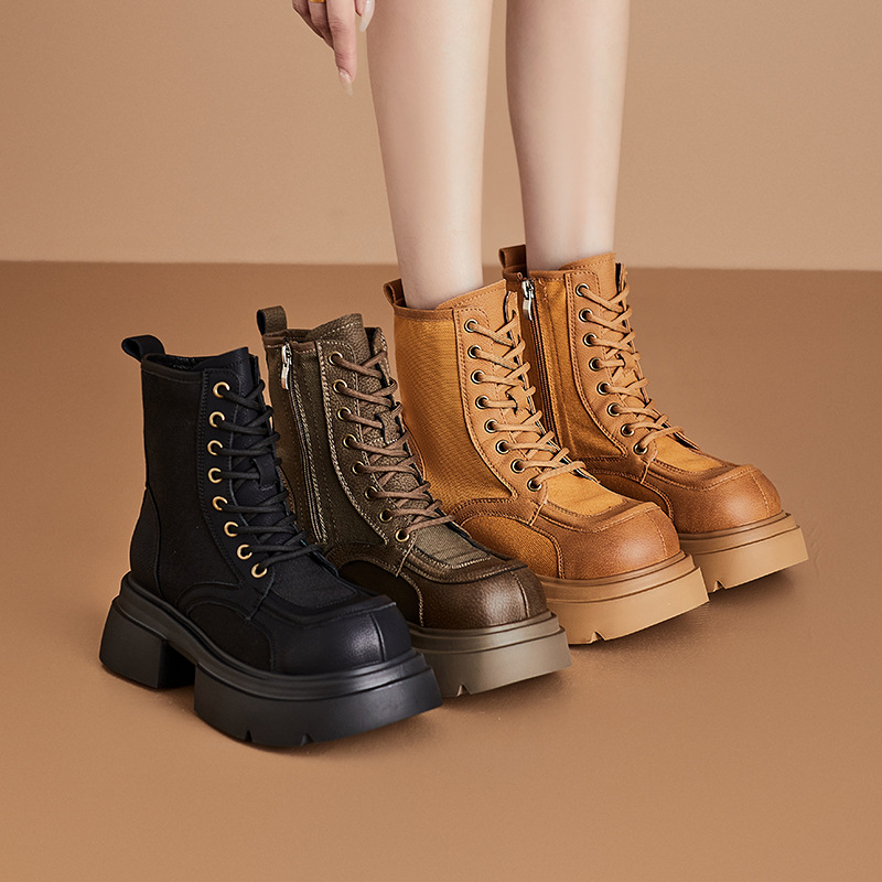 Women's British Style Leather Martin Boots, Yellow Chunky Heel Lace-Up Mid-Calf Boots