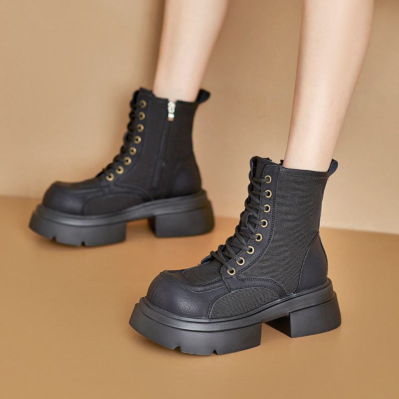Women's British Style Leather Martin Boots, Yellow Chunky Heel Lace-Up Mid-Calf Boots