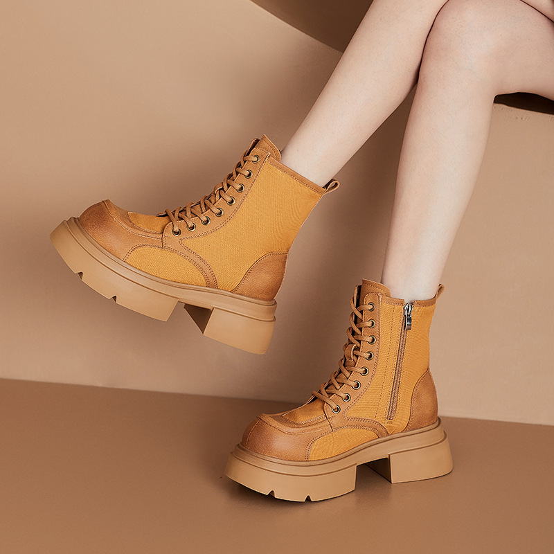 Women's British Style Leather Martin Boots, Yellow Chunky Heel Lace-Up Mid-Calf Boots